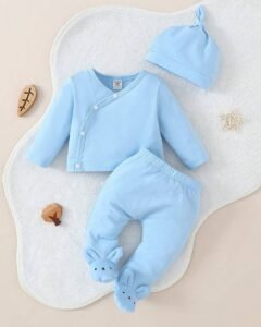 Cárdigan azul de unicolor de manga larga y pantalones con gorro