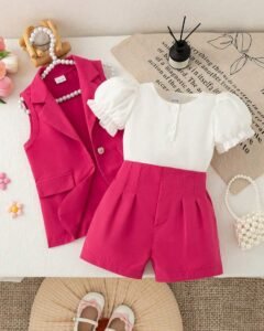 Chaleco, top de manga acampanada y shorts en color magenta