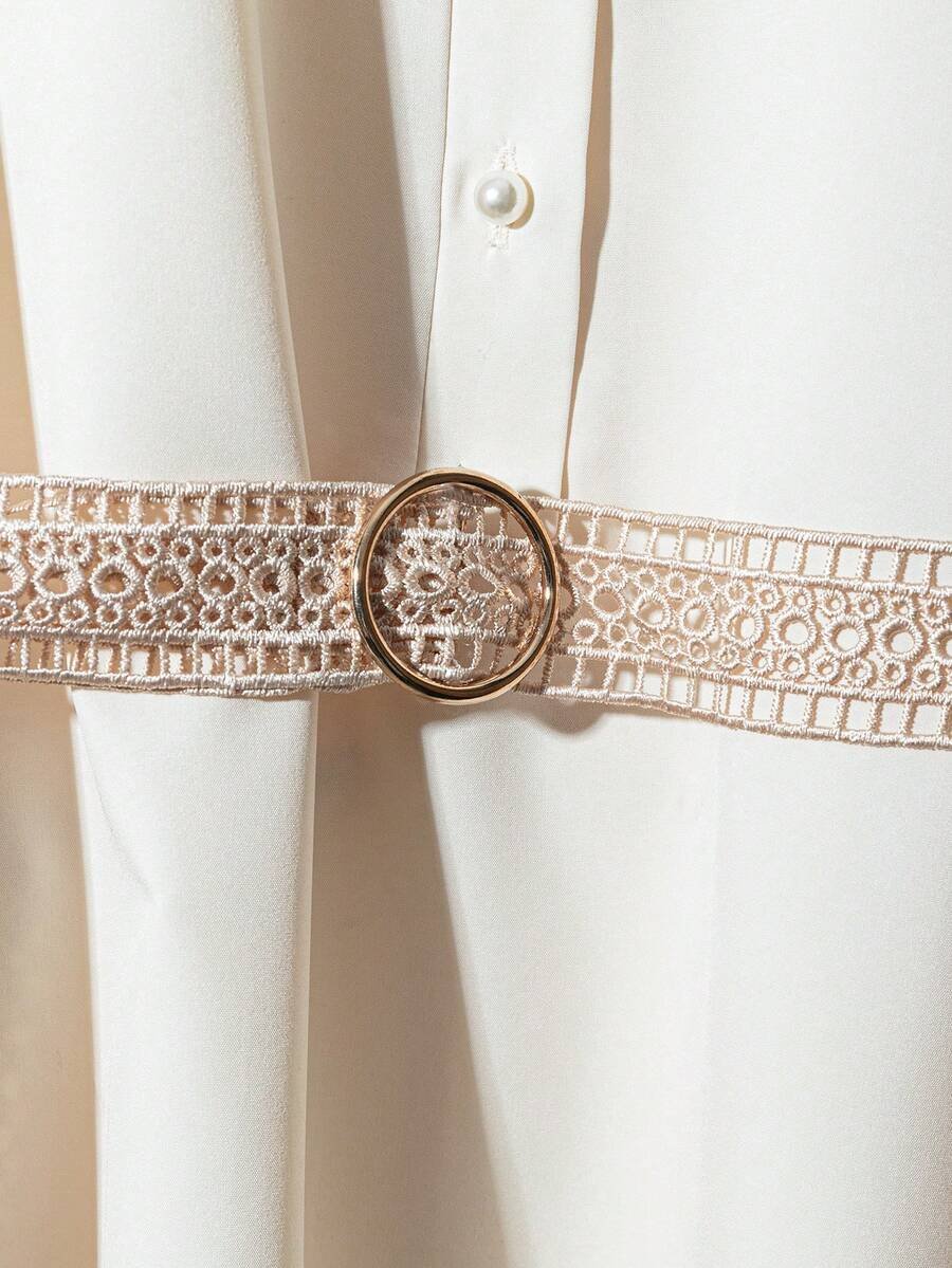 Vestido camisa elegante de unicolor con mangas cortas y abotonado - Imagen 2