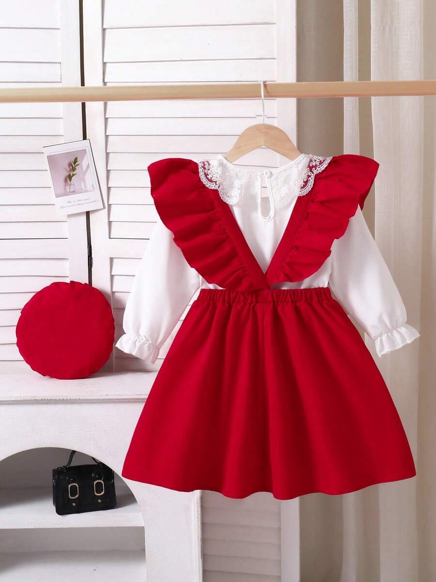 Blusa blanca con cuello de volantes + Vestido de peto rojo con moño 3D - Imagen 3