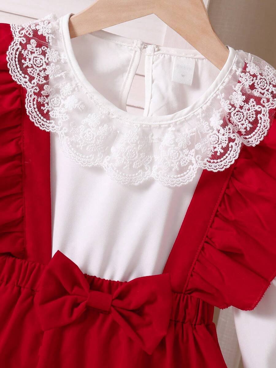 Blusa blanca con cuello de volantes + Vestido de peto rojo con moño 3D - Imagen 2
