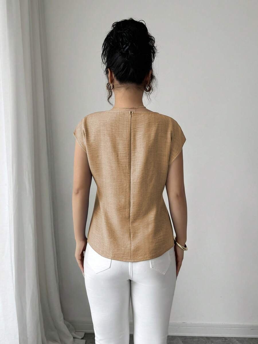 Blusa de diseño asimétrico con cuello redondo y manga corta de murciélago - Imagen 3