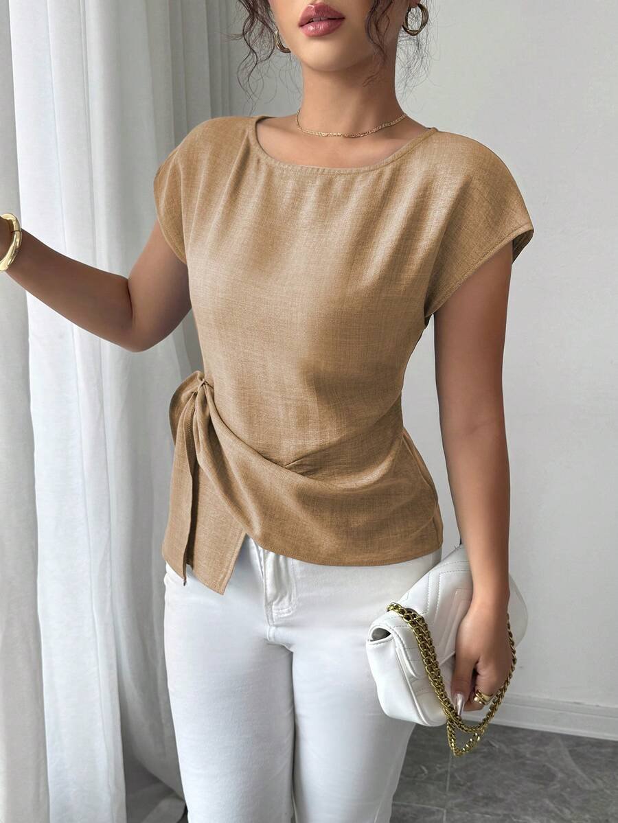 Blusa de diseño asimétrico con cuello redondo y manga corta de murciélago - Imagen 2