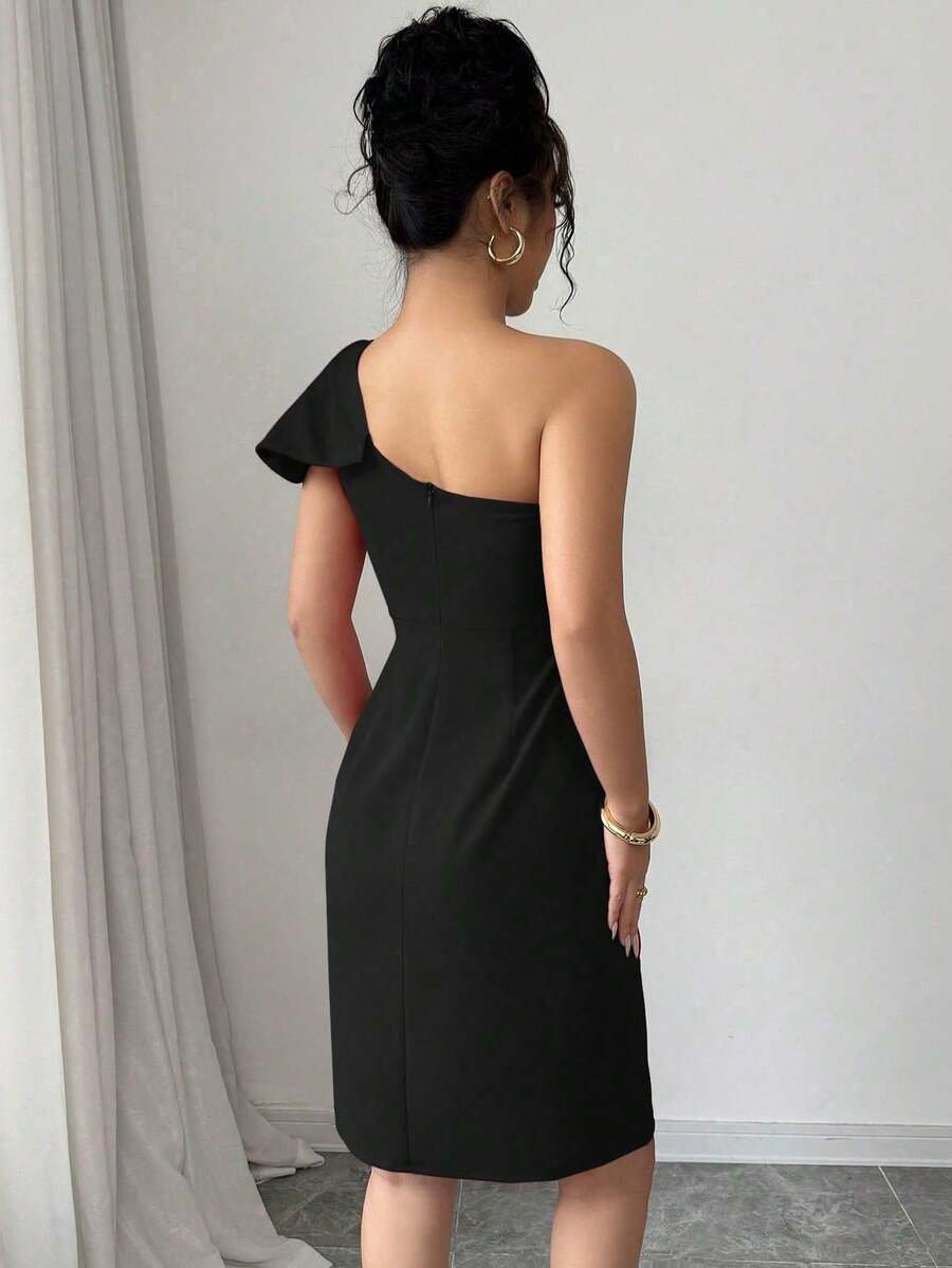 Vestido midi ajustado de unicolor con cuello asimétrico y abertura lateral - Imagen 3