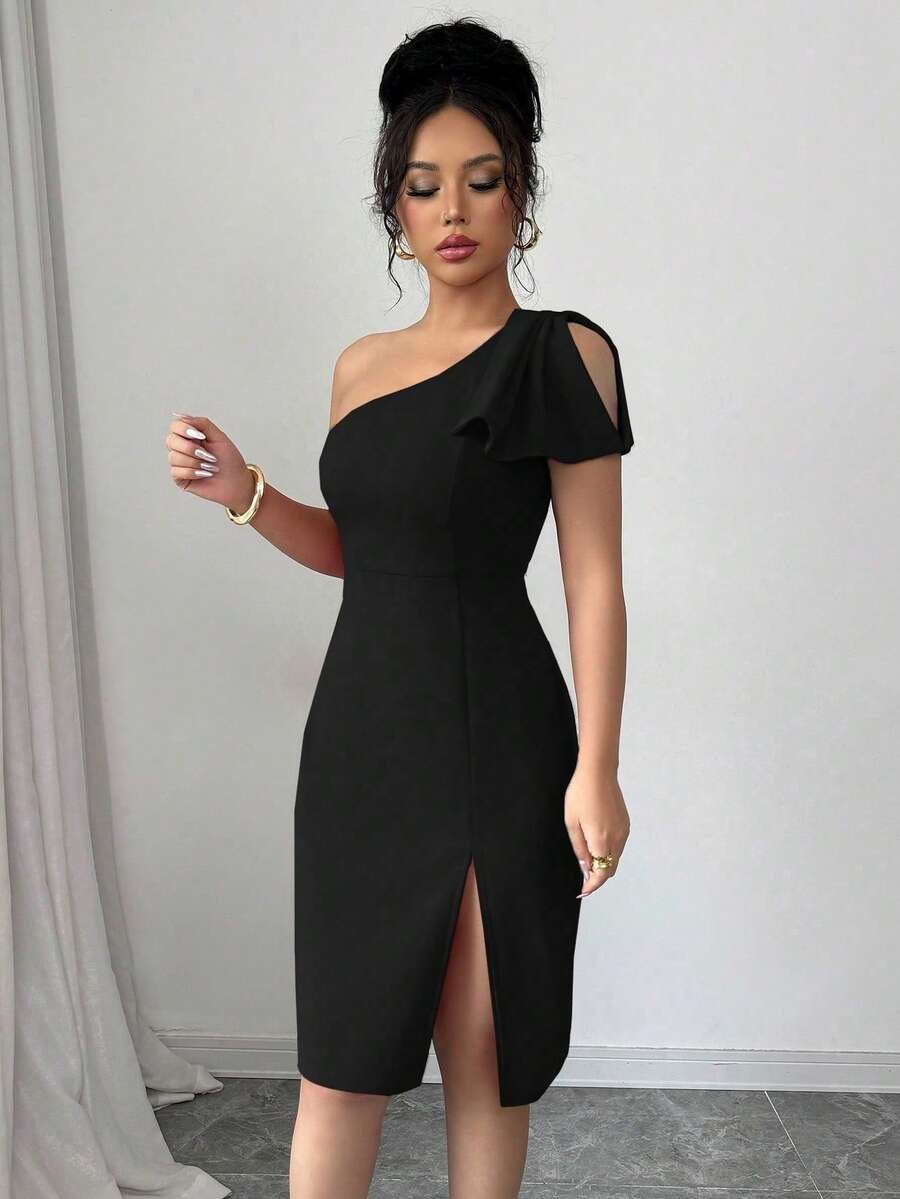 Vestido midi ajustado de unicolor con cuello asimétrico y abertura lateral - Imagen 2