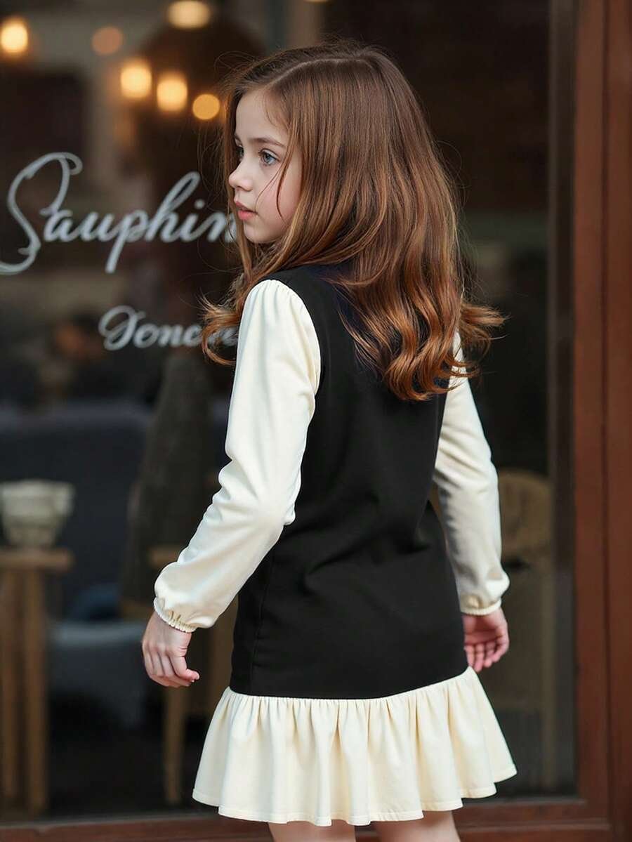 Vestido de manga larga con bloqueo de color y decoración de perlas - Imagen 3