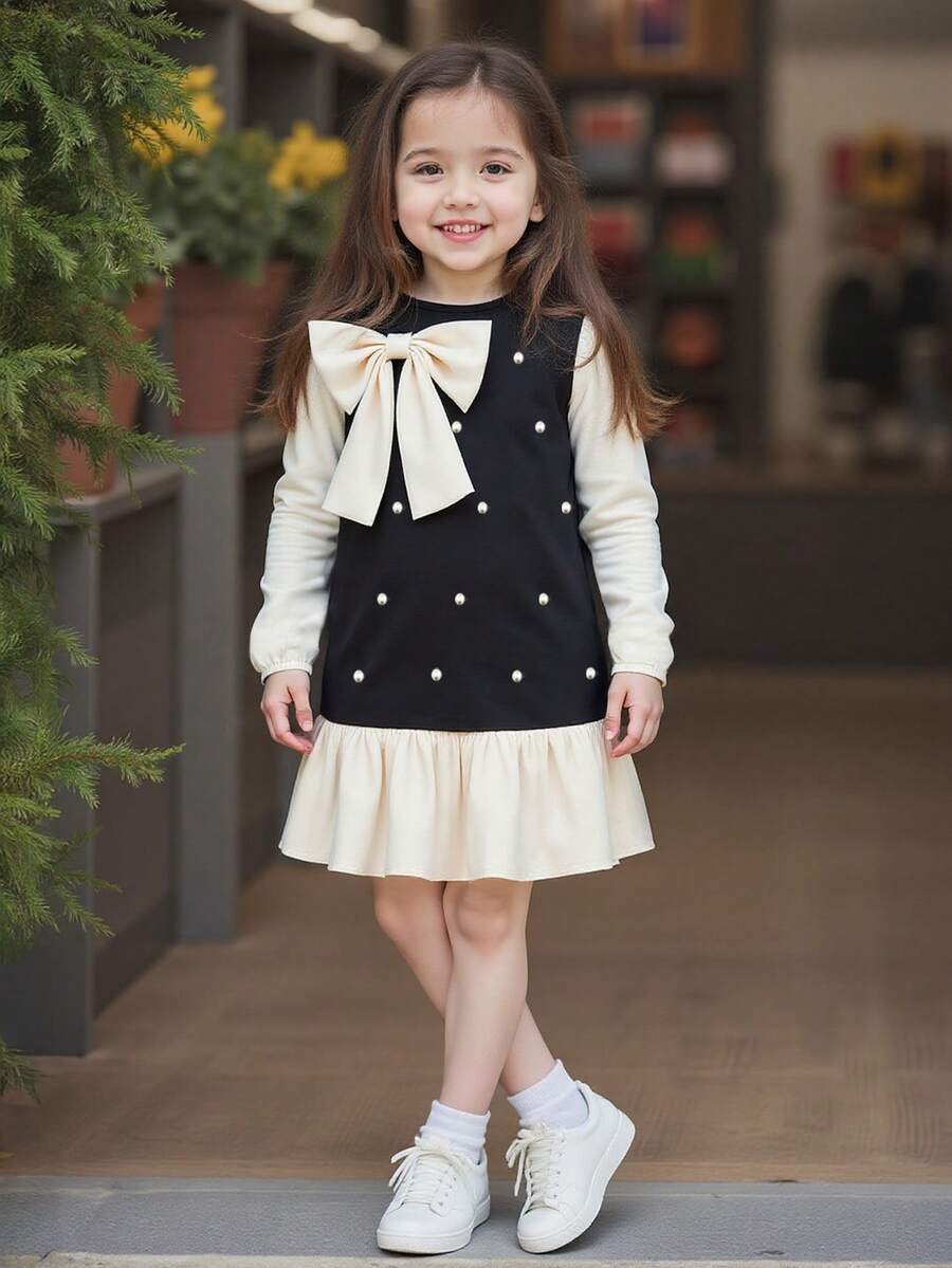 Vestido de manga larga con bloqueo de color y decoración de perlas - Imagen 2