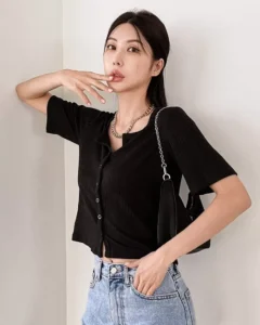 Top corto de punto acanalado liso, estilo preppy de verano