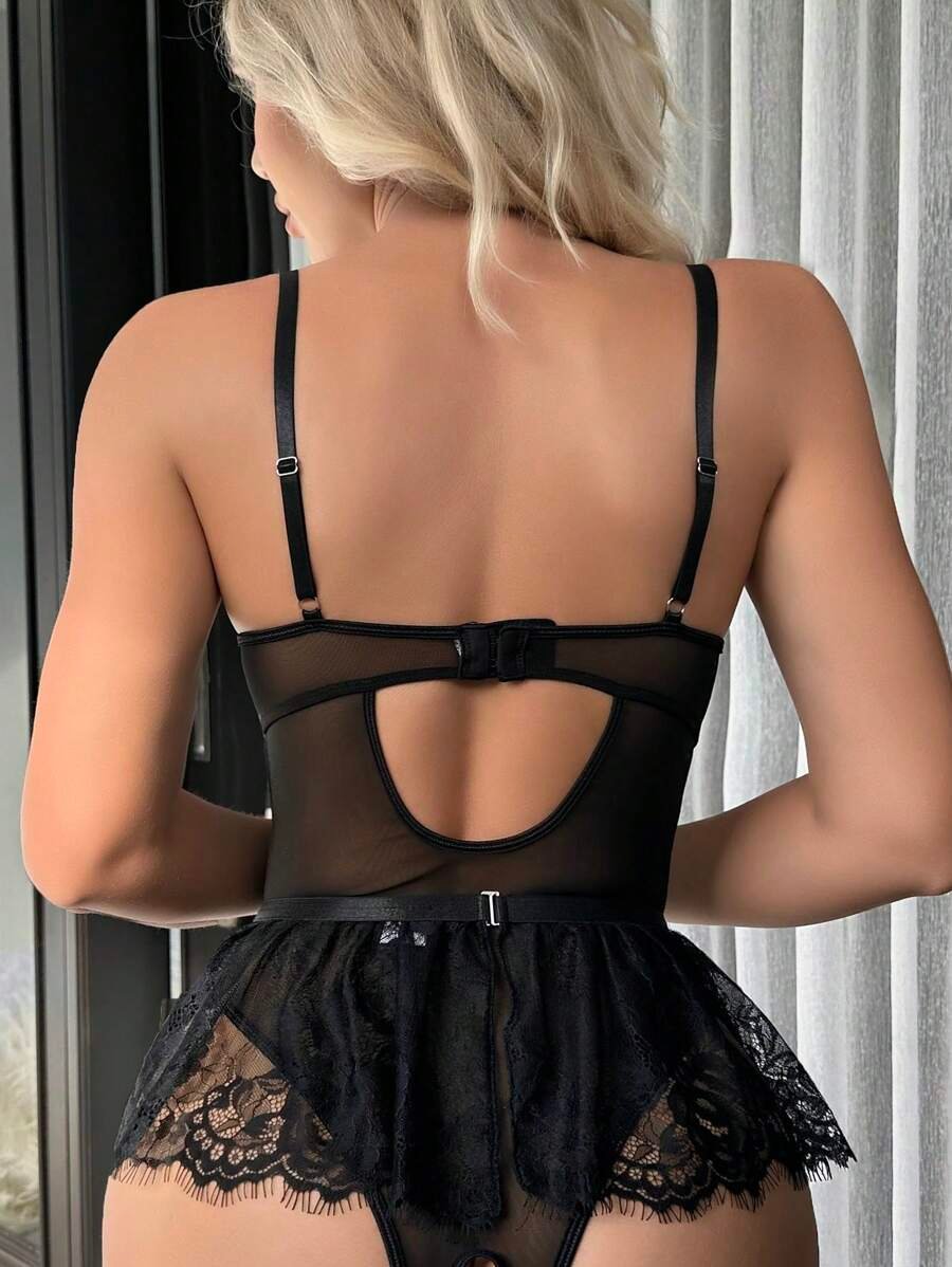 Set de lencería con encaje floral con aro con liga con 1 par medias - Imagen 3