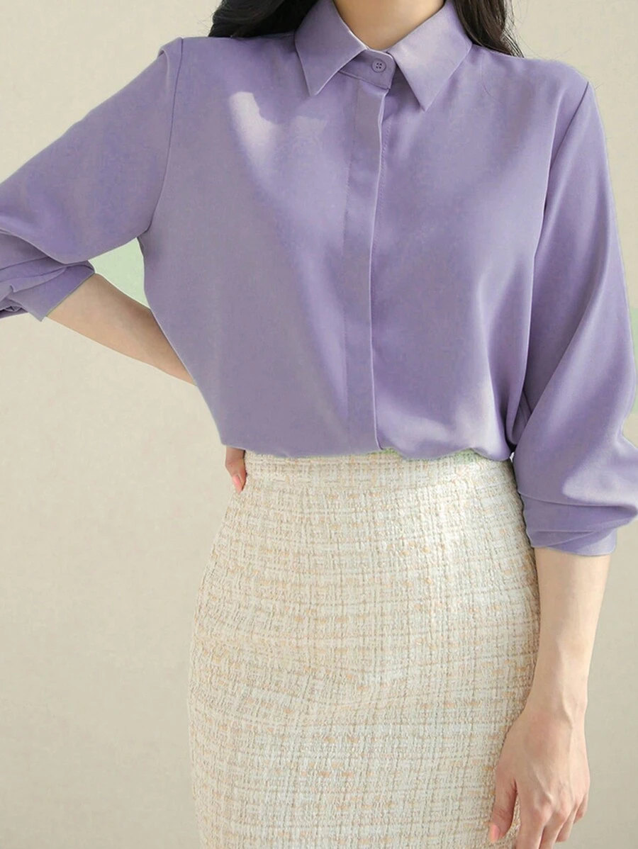 Blusa con botones frontales lisos y de manga larga - Imagen 3