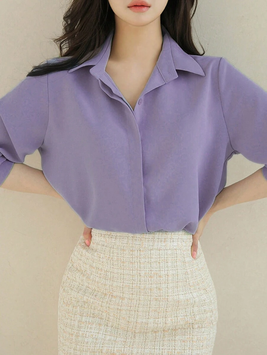 Blusa con botones frontales lisos y de manga larga - Imagen 2