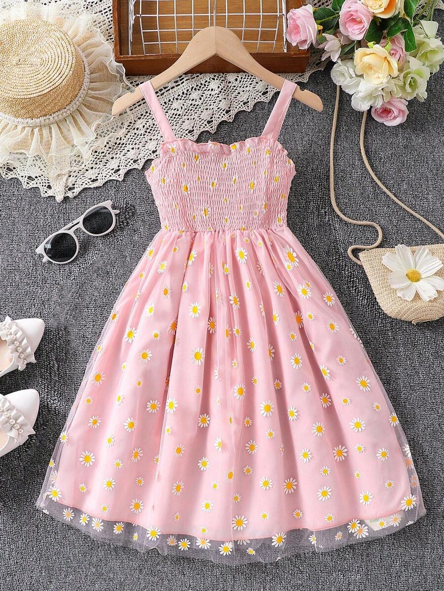 Vestido De Tirantes Con Diseño De Margaritas Y Adornado Con Volantes