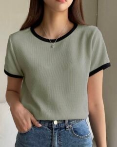 Camiseta De Manga Corta Con Dobladillo Para Mujer