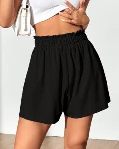 Shorts de verano casuales de ajuste holgado en unicolor con cintura con volantes
