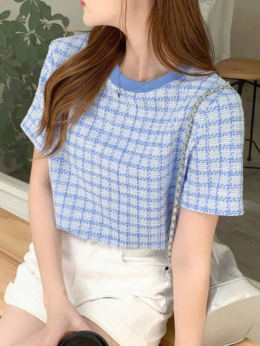 Camiseta de cuello redondo con estampado de cuadros - Imagen 3