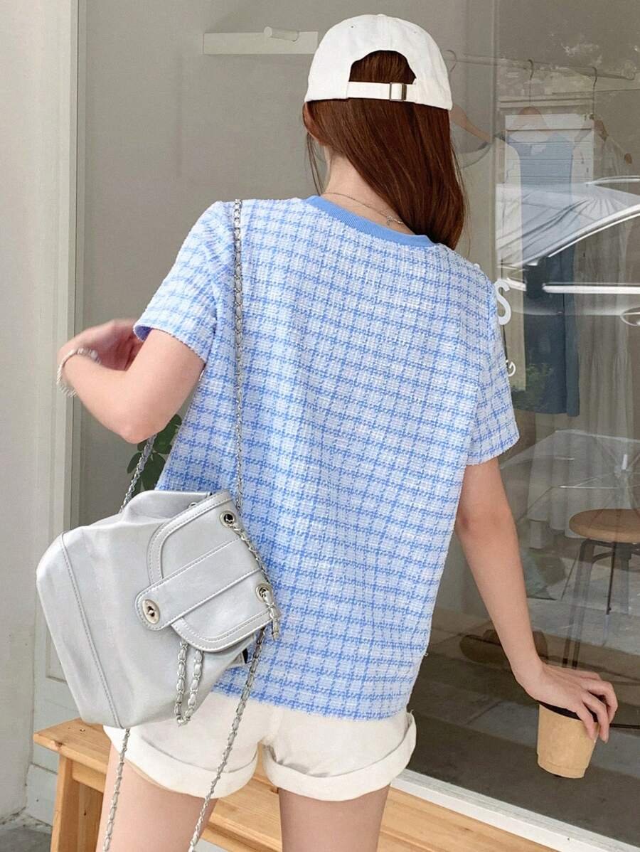 Camiseta de cuello redondo con estampado de cuadros - Imagen 2