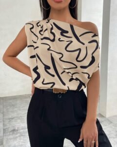 Blusa asimétrica con cuello estampado para mujer