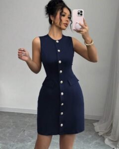Vestido sin mangas elegante y de moda con botones delanteros y cintura