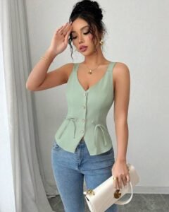 Blusa de Tirantes con Cuello en V Profundo, Cintura Ceñida y Lazo