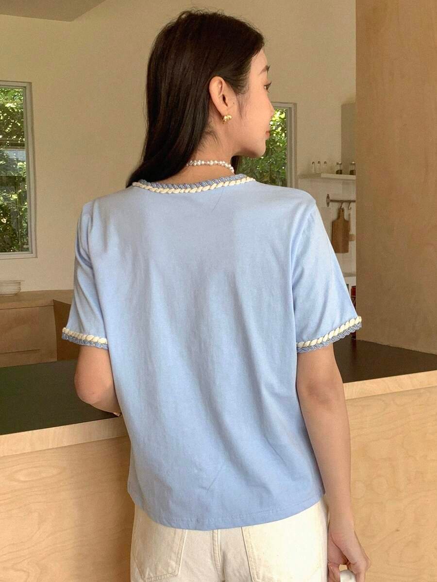 Camiseta De Manga Abullonada Con Ribete De Contraste - Imagen 2