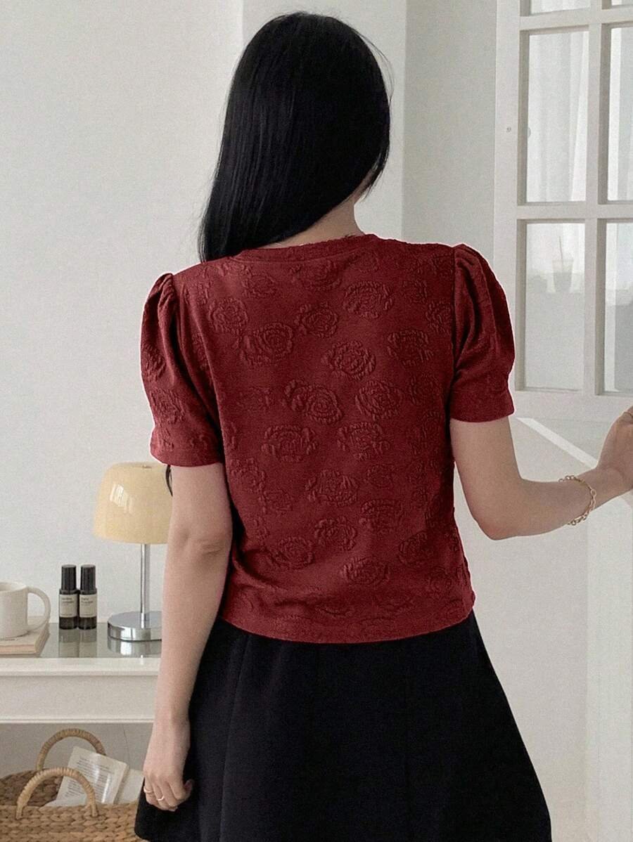 Camiseta de manga corta y cuello redondo, dulce y casual - Imagen 2