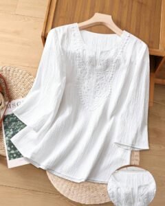 Blusa suelta de moda de 3/4 de manga con encaje de contraste