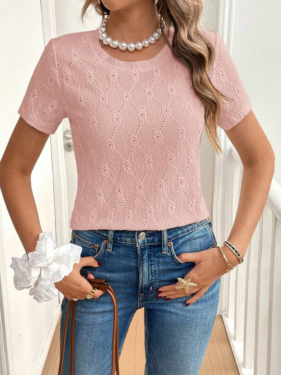 Camiseta manga corta de cuello redondo con bordado calado - Imagen 2