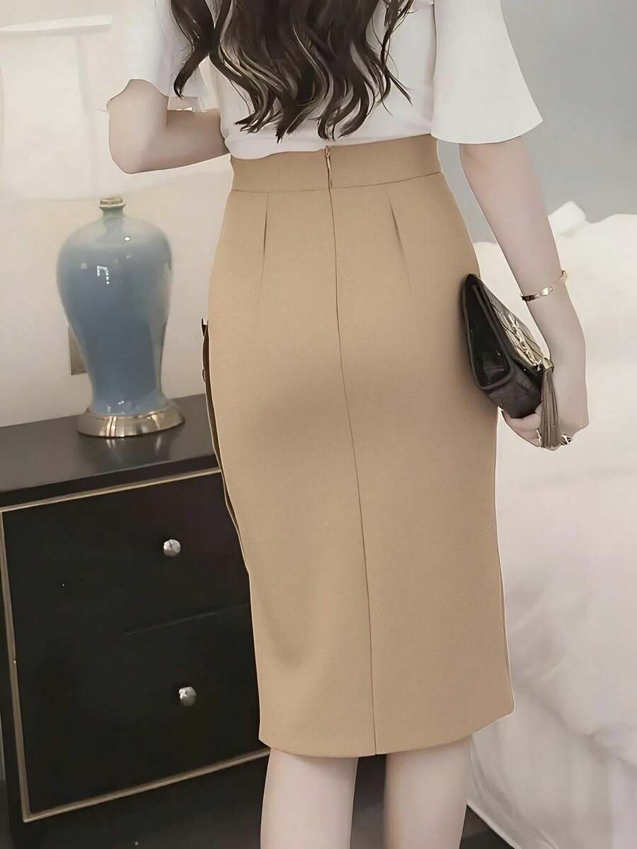 Falda lápiz de cintura alta con botones laterales elegante - Imagen 3