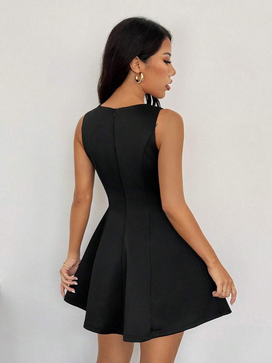 Vestido elegante de unicolor sin mangas con cintura en línea A - Imagen 3