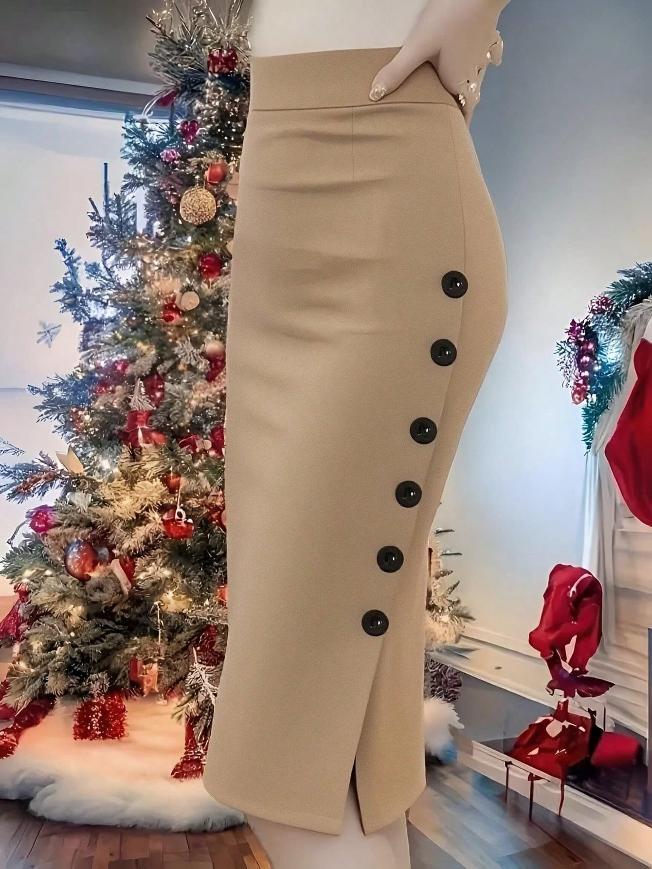 Falda lápiz de cintura alta con botones laterales elegante