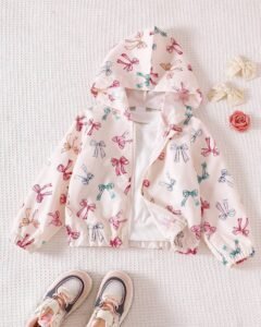 Chaqueta ligera con capucha, cremallera y estampado de lazos coloridos