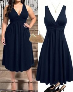 Vestido de punto con cuello en V y pliegues en la cintura