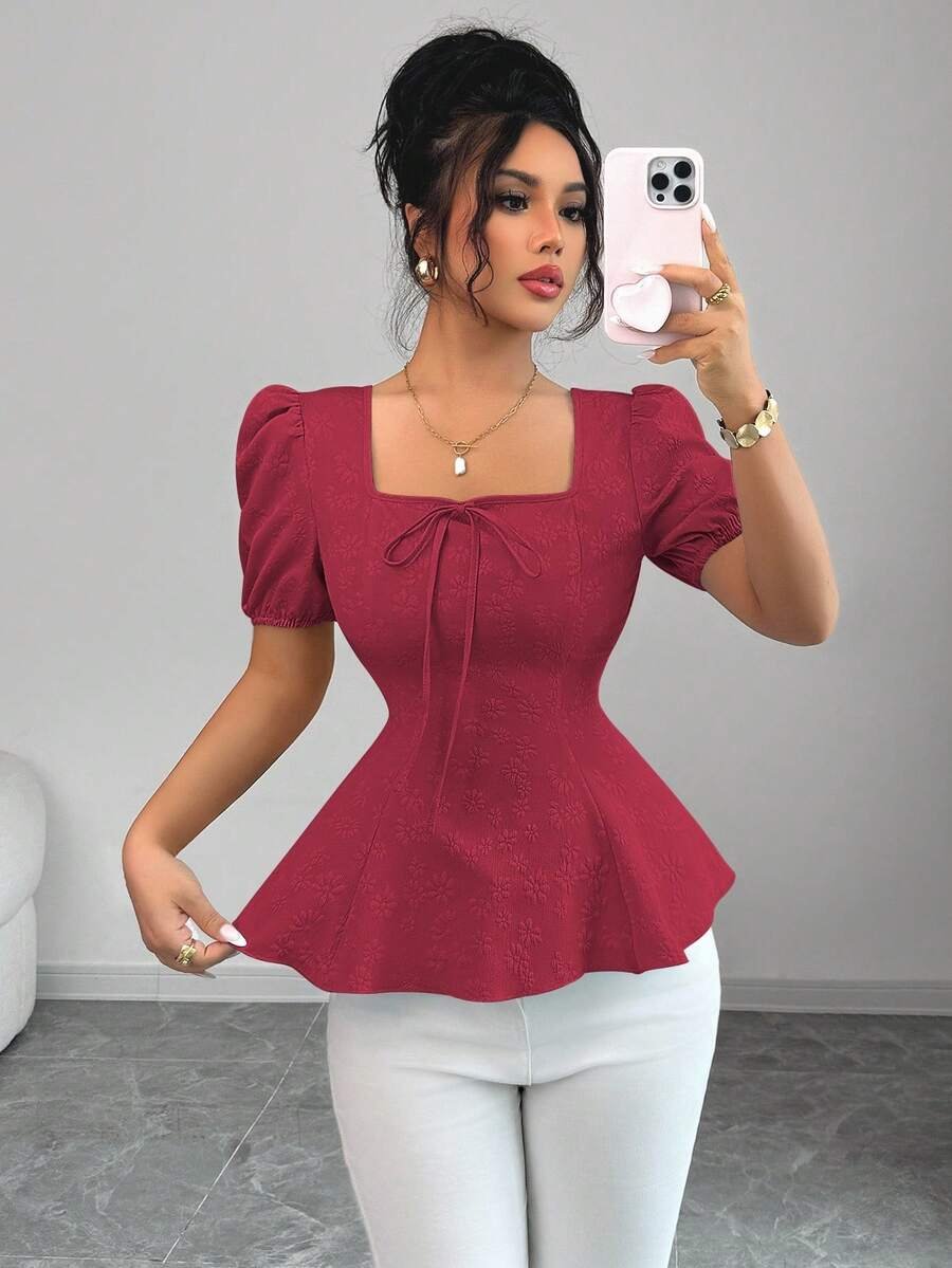 Blusa elegante de mujer con manga de farol de lazo francés - Imagen 2