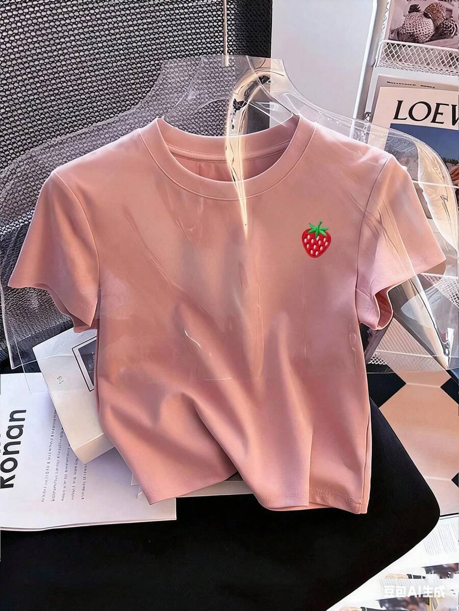 Camiseta corta de manga corta con cuello redondo y estampado - Imagen 3