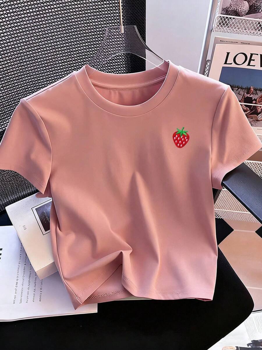 Camiseta corta de manga corta con cuello redondo y estampado