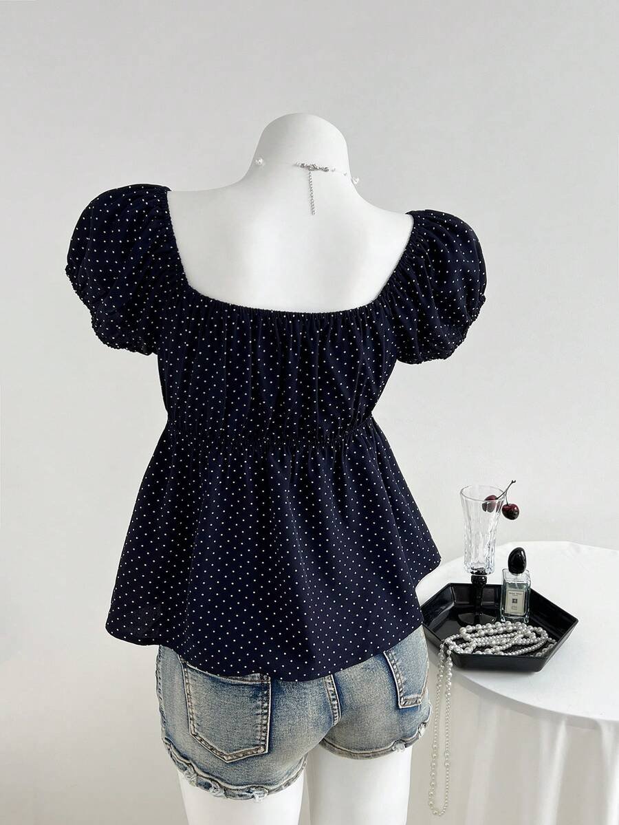 Blusa de cuello cuadrado con estampado de lunares y manga corta - Imagen 3