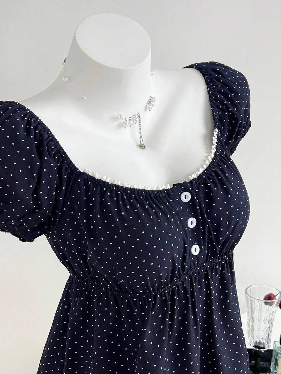 Blusa de cuello cuadrado con estampado de lunares y manga corta - Imagen 2