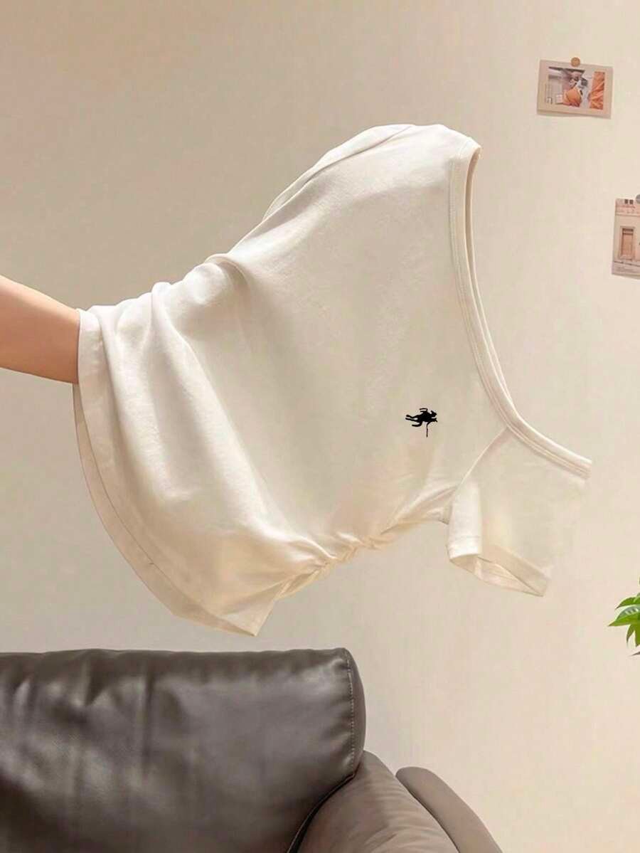 Camiseta con cuello asimétrico, manga corta y bordado de color contrastante - Imagen 3