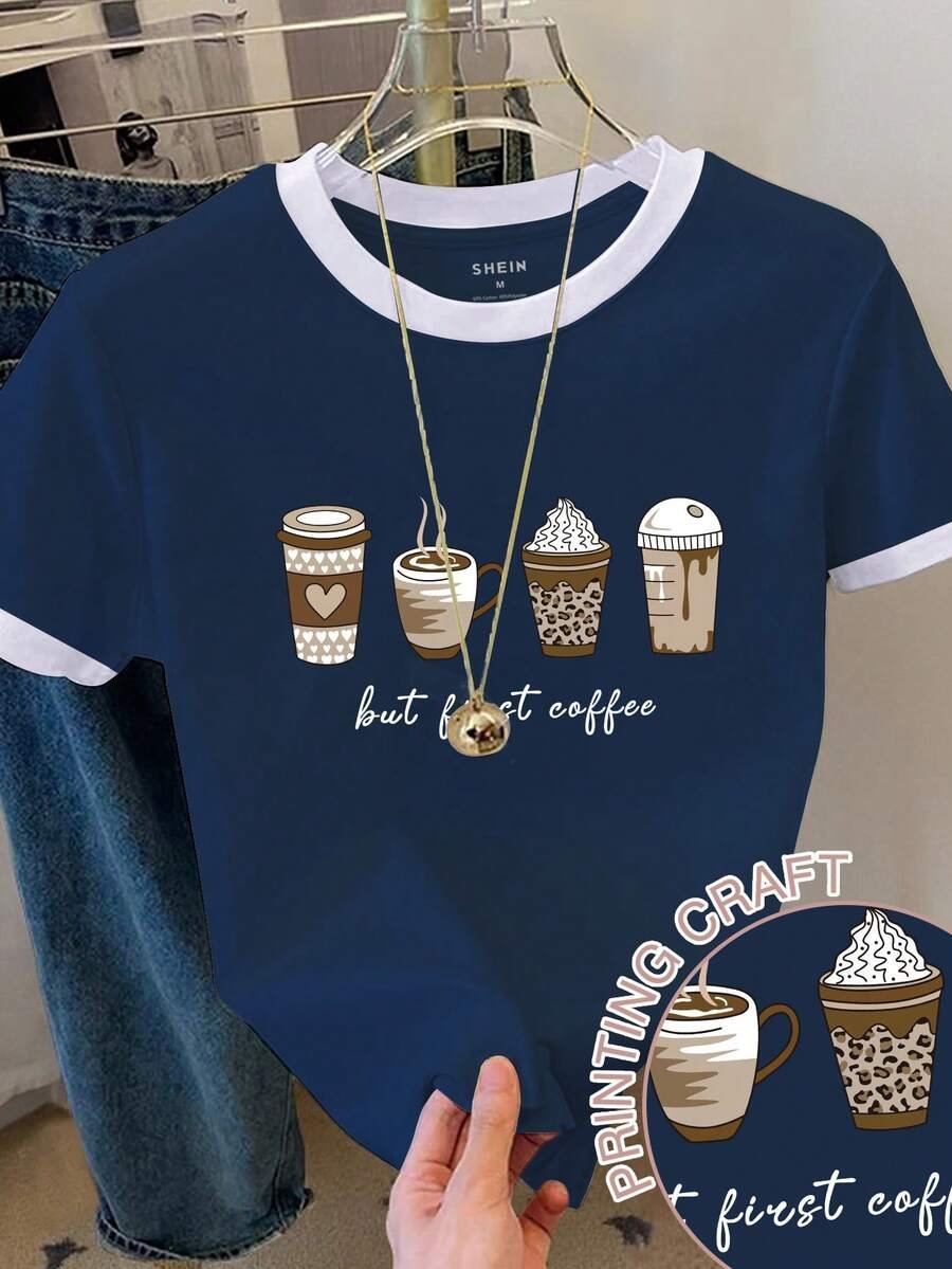 Camiseta de manga larga con cuello redondo y bloque de color con estampado