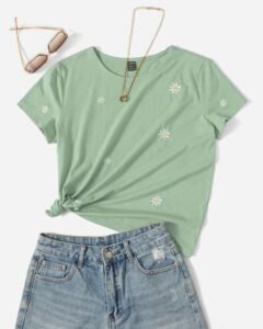 Camiseta De Manga Corta Verde Bordada Con Margaritas Florales