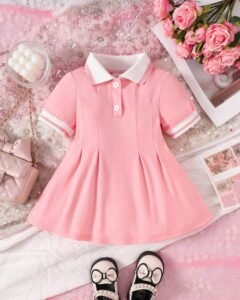 Vestido informal rosa para niñas bebé, con cuello y puños de canalé