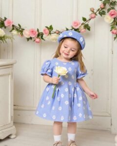 Vestido azul y boina a juego con estampado de cuadros escoceses