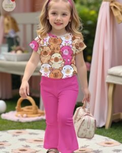 Camiseta manga corta con estampado de capibara y pantalones acampanados