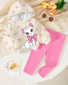 Sudadera con capucha con estampado de lazo y leggings rosas