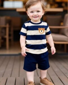 Camiseta de manga corta cuello redondo y pantalones cortos azul marino