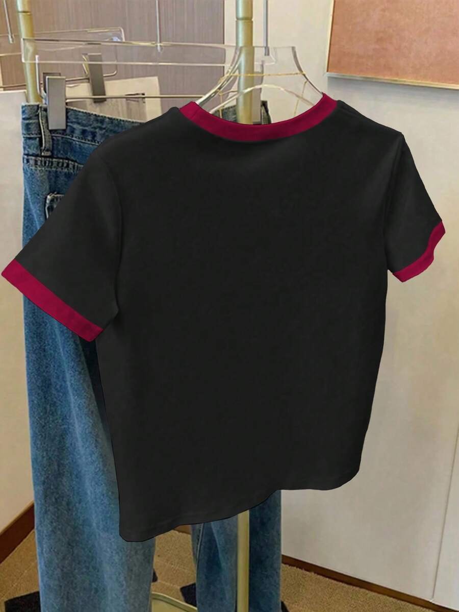 Camiseta de manga corta casual de mujer con estampado de corazón - Imagen 3