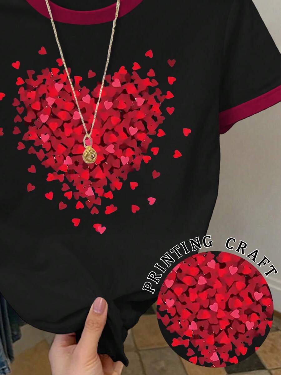 Camiseta de manga corta casual de mujer con estampado de corazón - Imagen 2