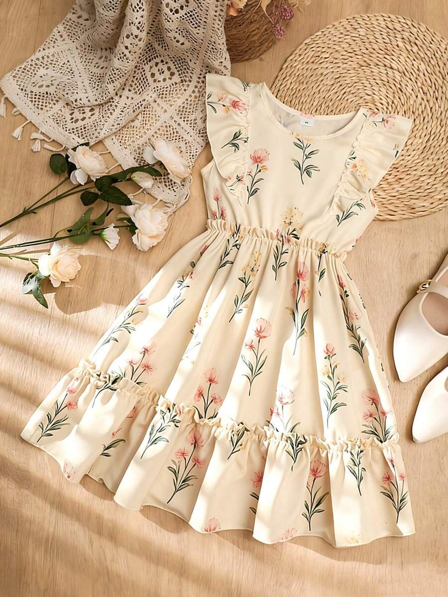 Vestido de línea A con volantes en la cintura y estampado floral