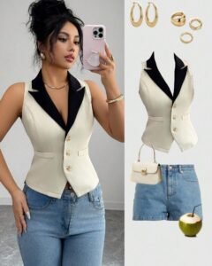 Blusa elegante de mujer con cuello en V y abotonadura sencilla