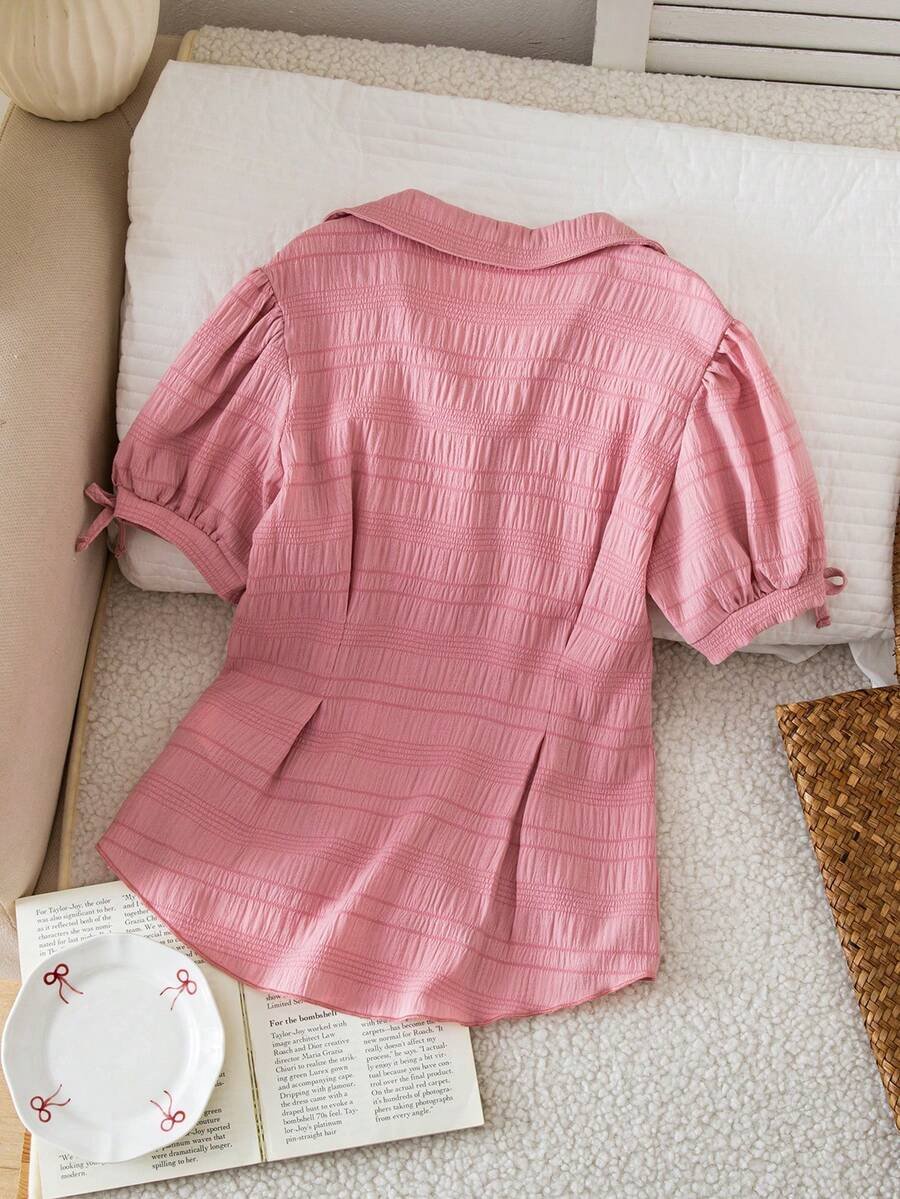 Blusa de cuadros rojos, manga abullonada y volante en el bajo - Imagen 3